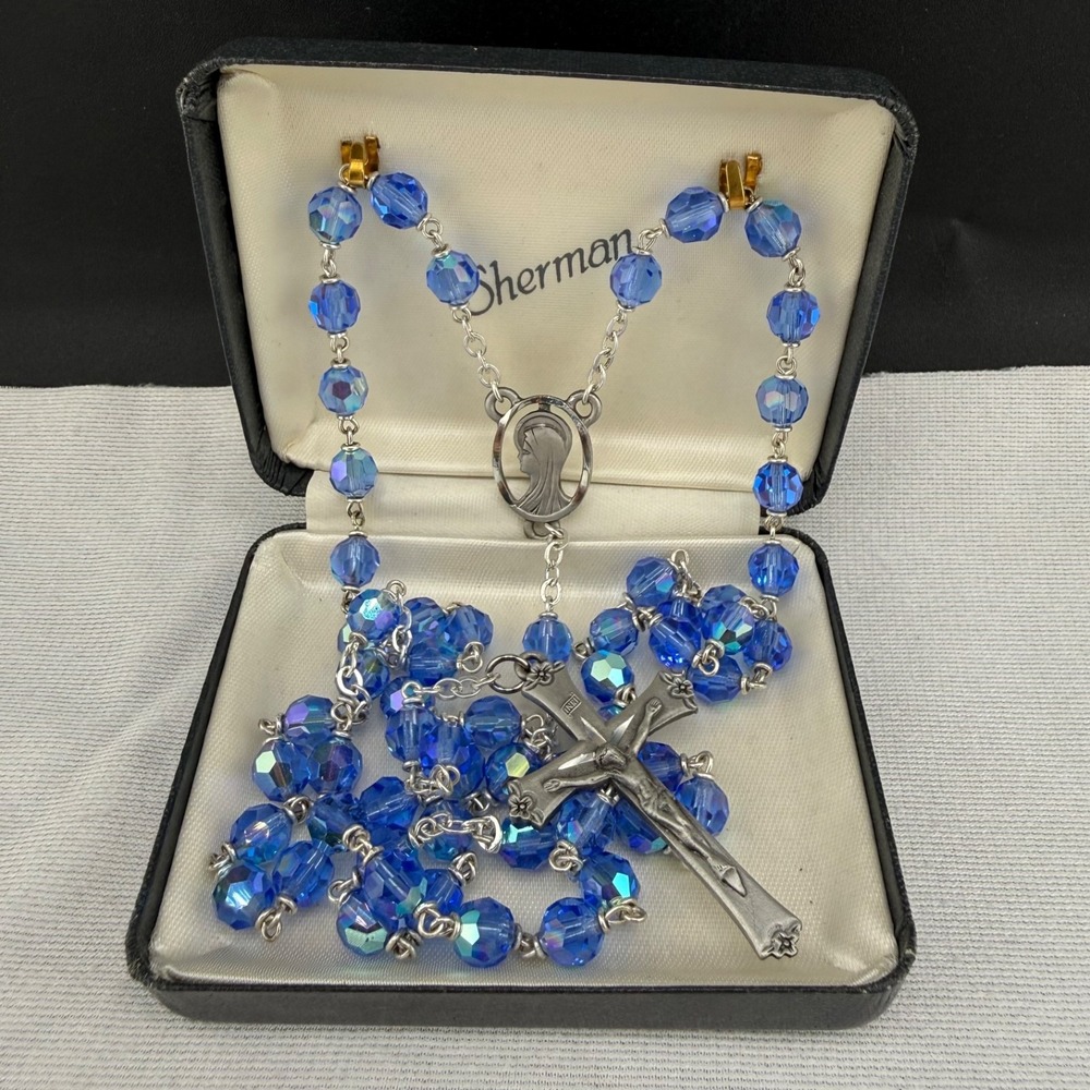 Vintage Glass Beaded Rosary Blue AB Pewter Cross Display Box 34"